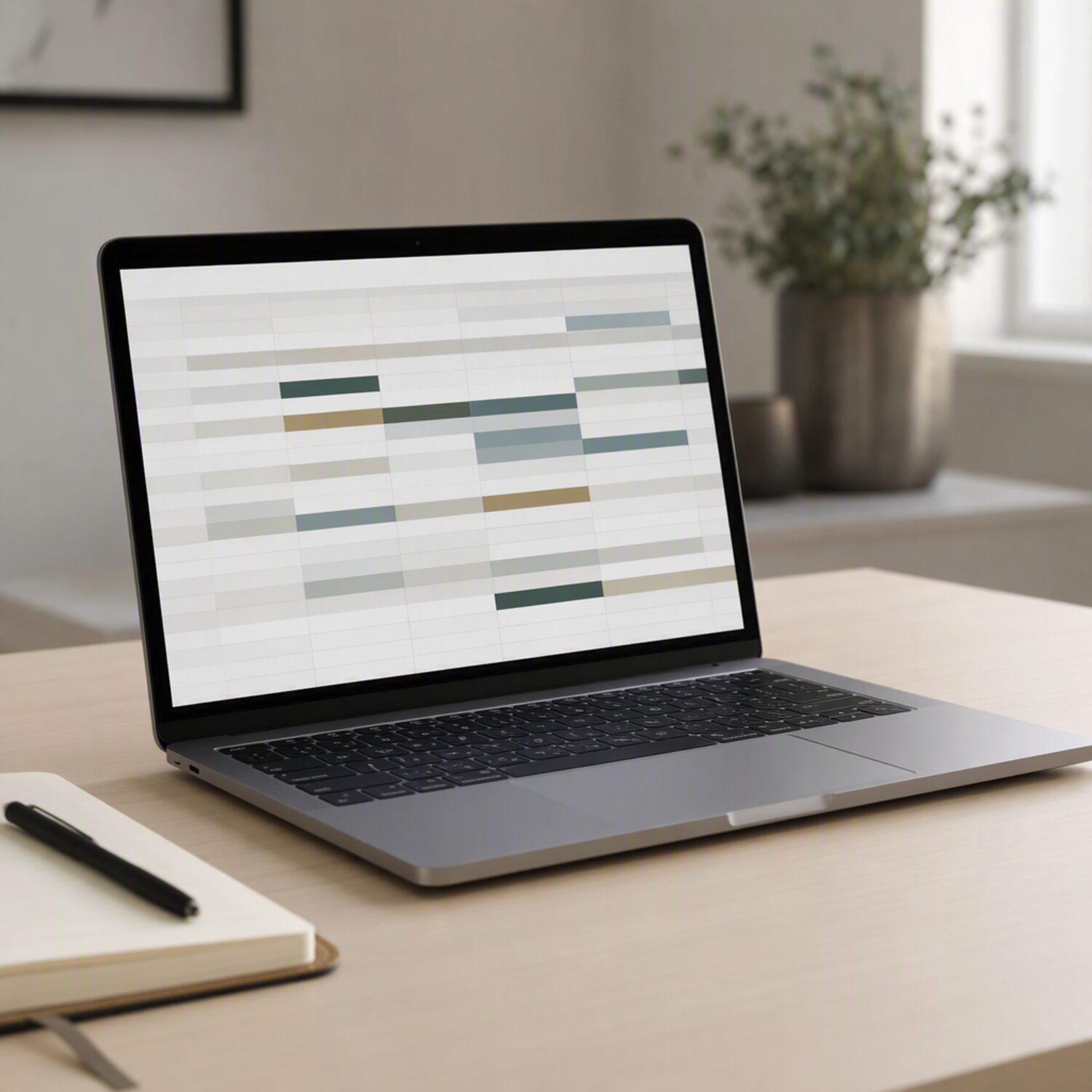 A laptop showing an abstract chart on a pale desk