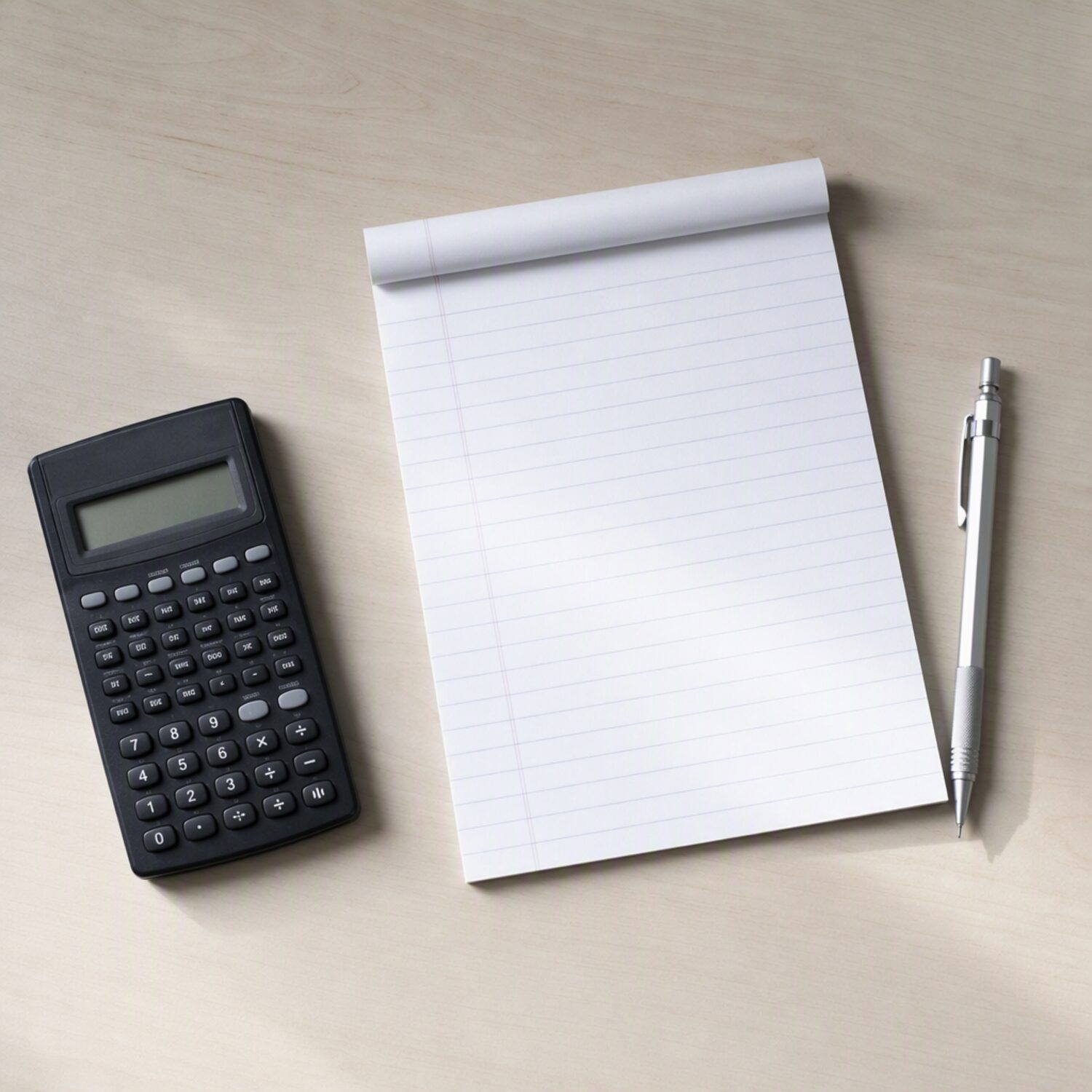 A calculator and notepad on a pale desk