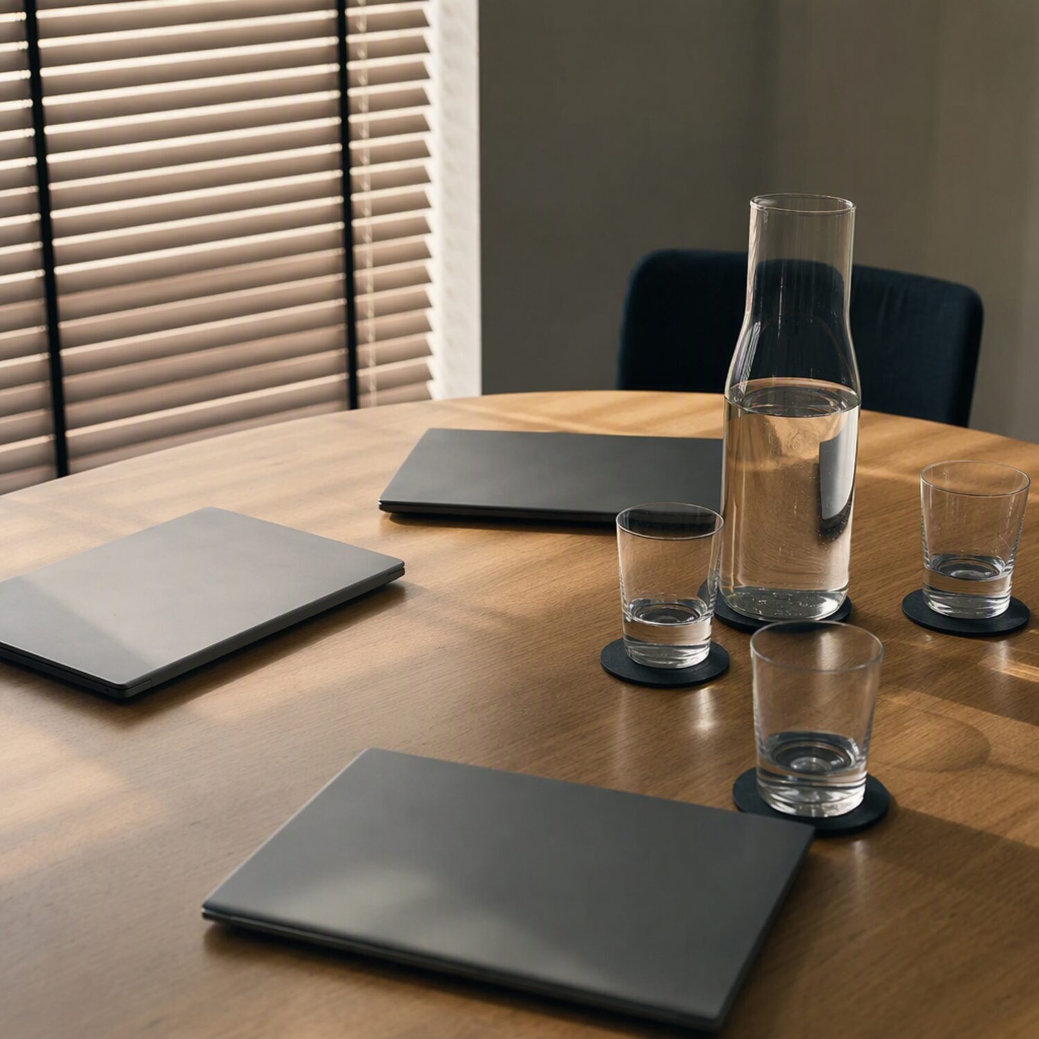 A meeting table with laptops and water glasses