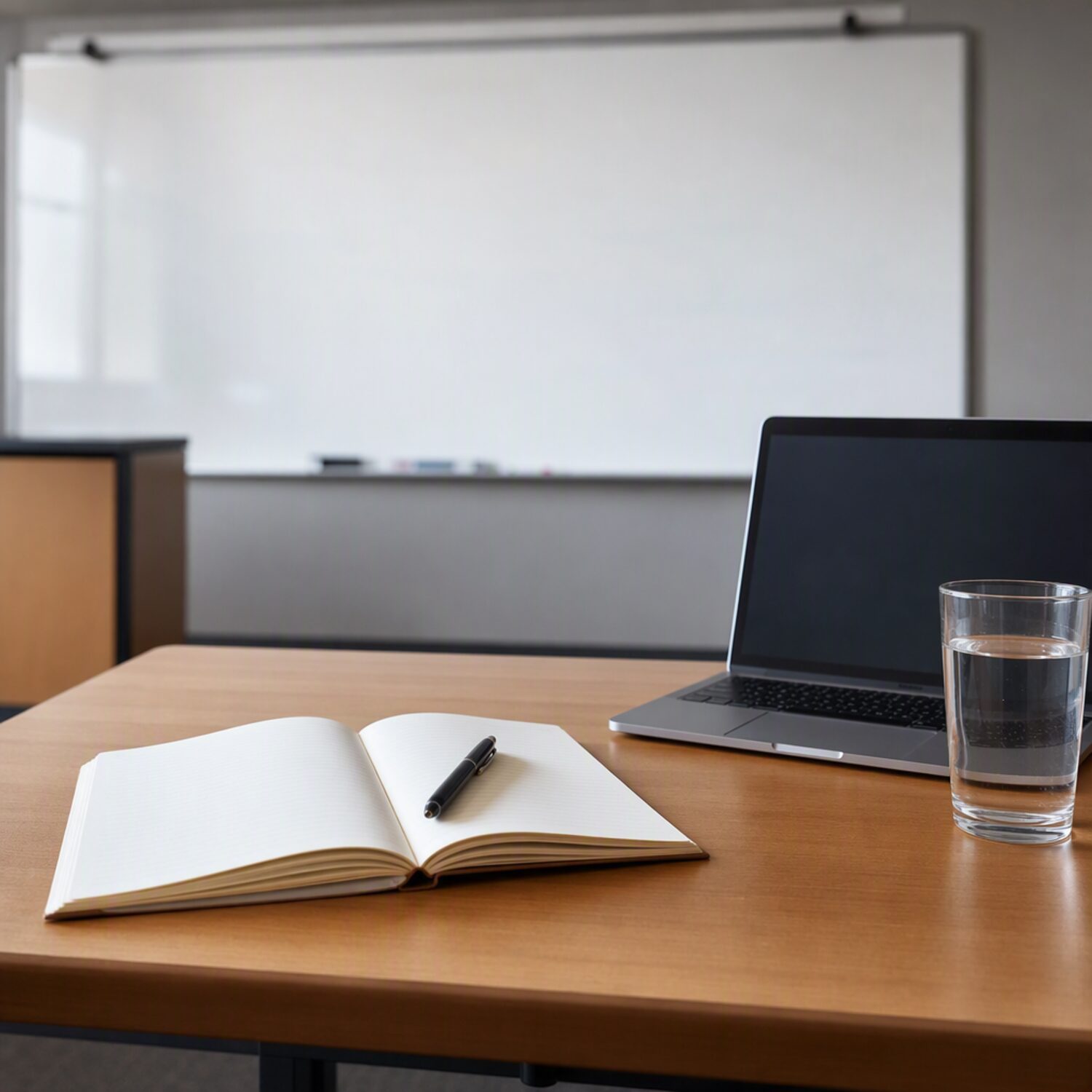 A teaching desk in front of a whiteboard