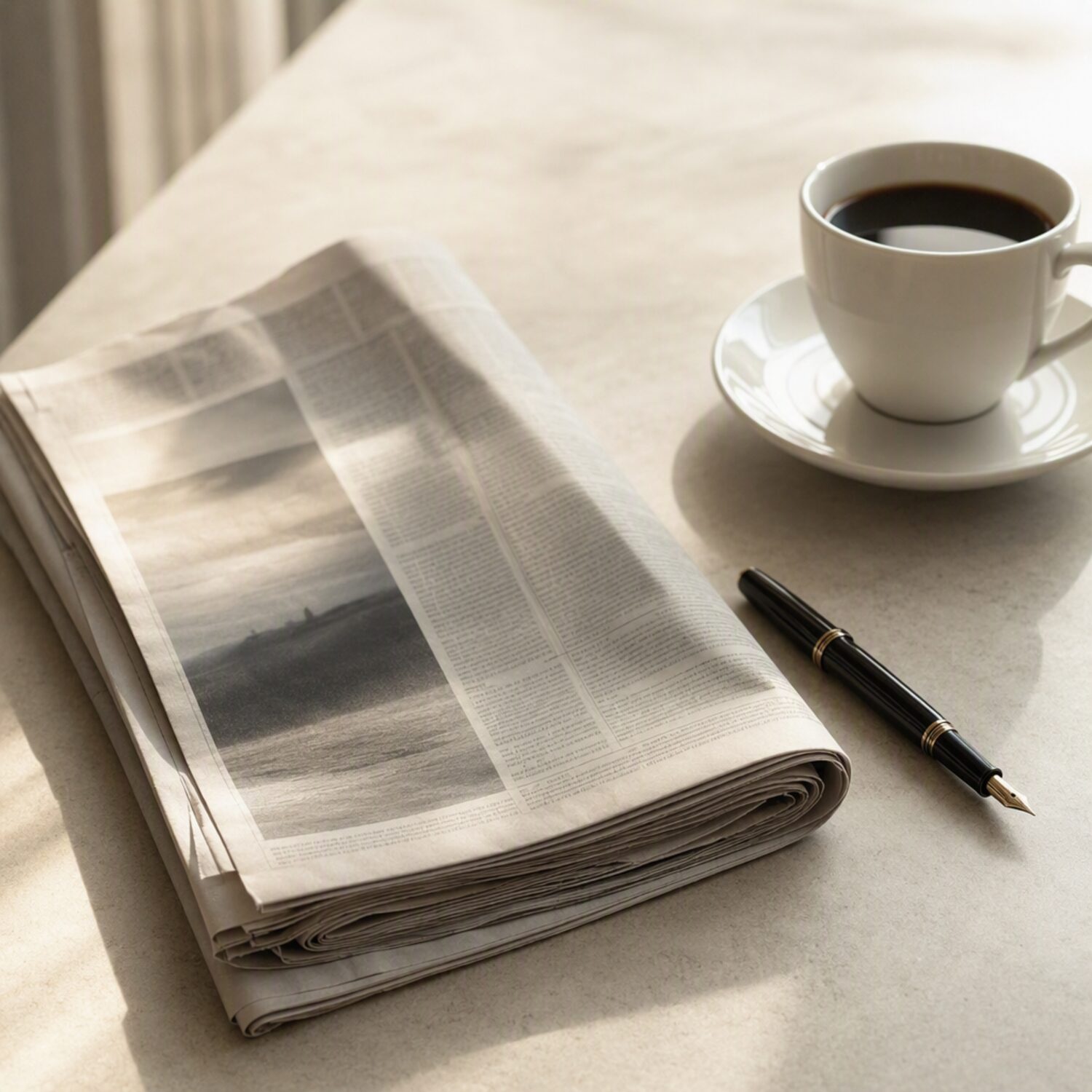 A folded newspaper, pen and coffee
