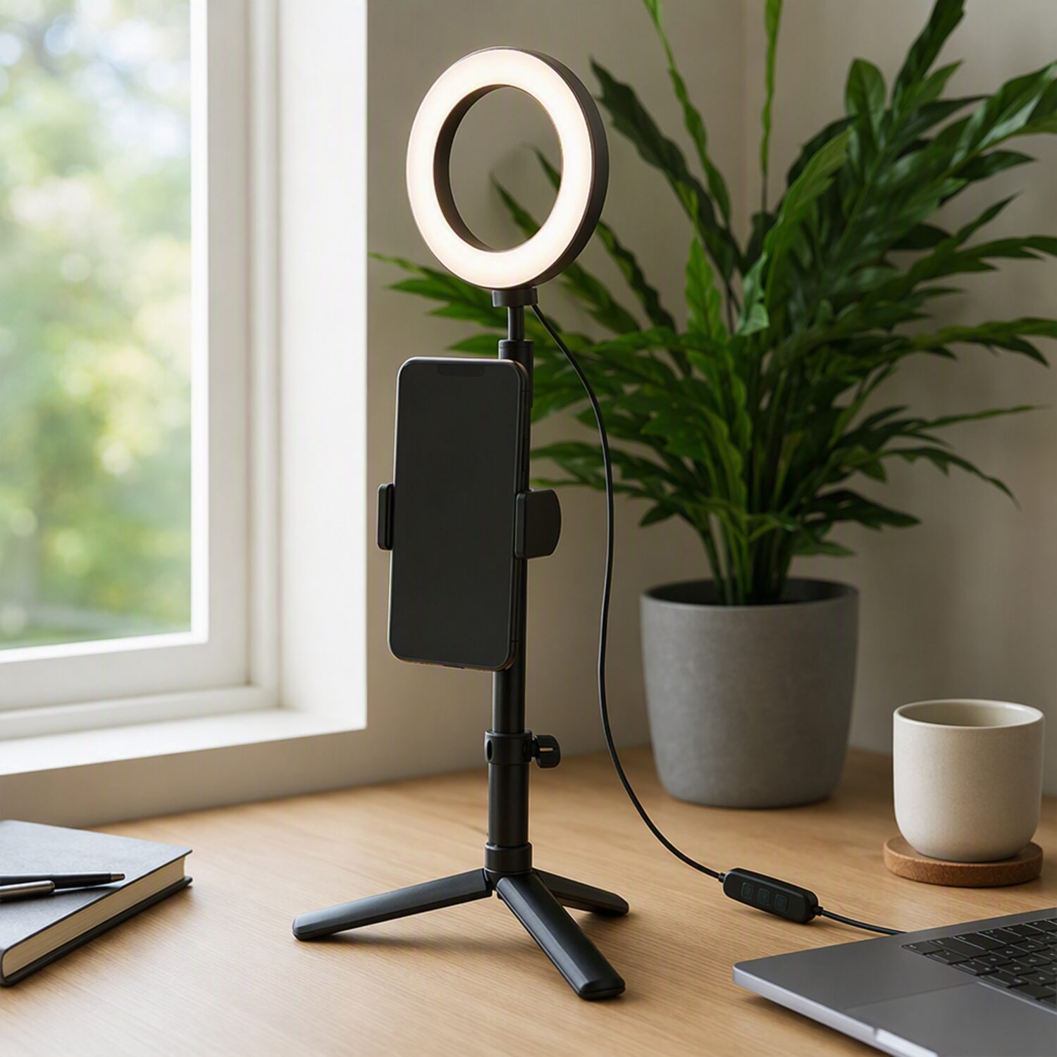 A phone on a ring-light stand on a desk