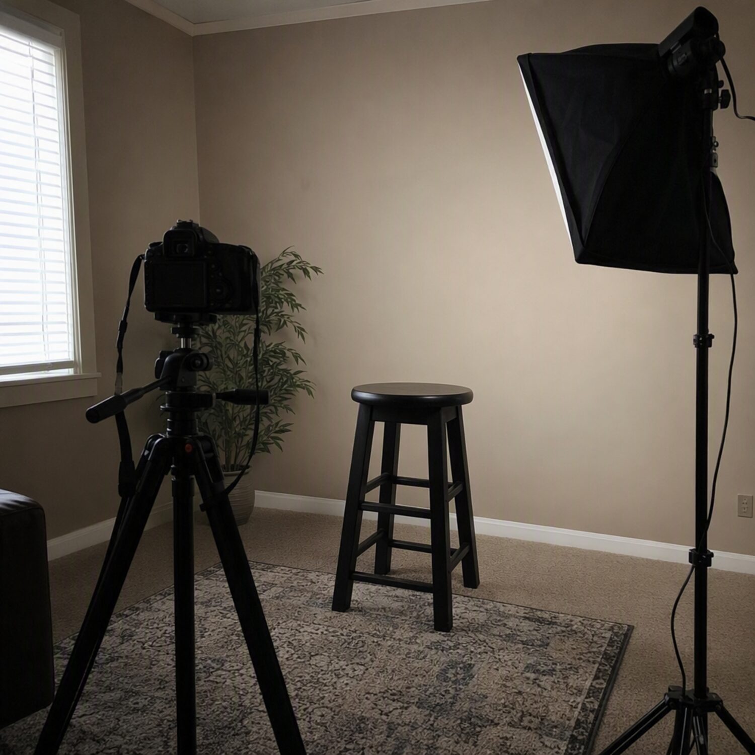 A small home video studio with a camera on a tripod