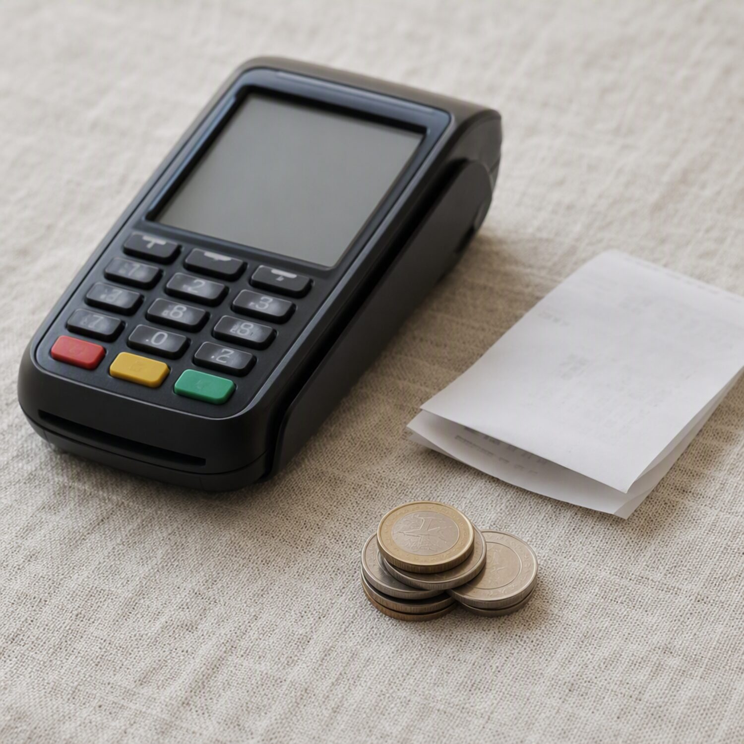 A card reader and coins on linen