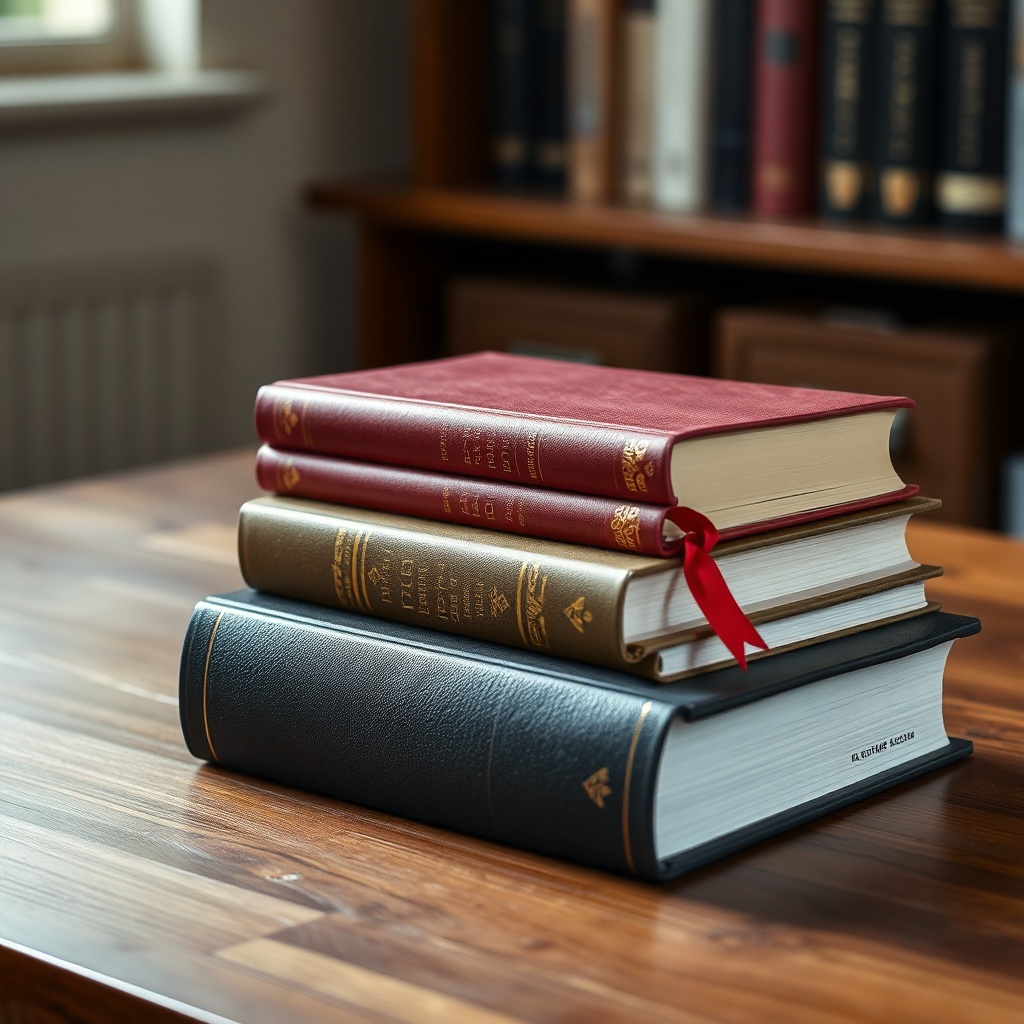 Three hardback books with a brass bookmark
