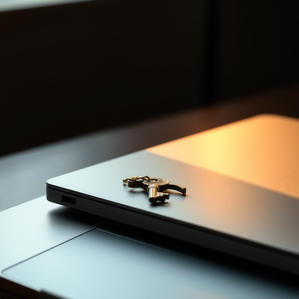 A closed laptop with a small brass key resting on the lid