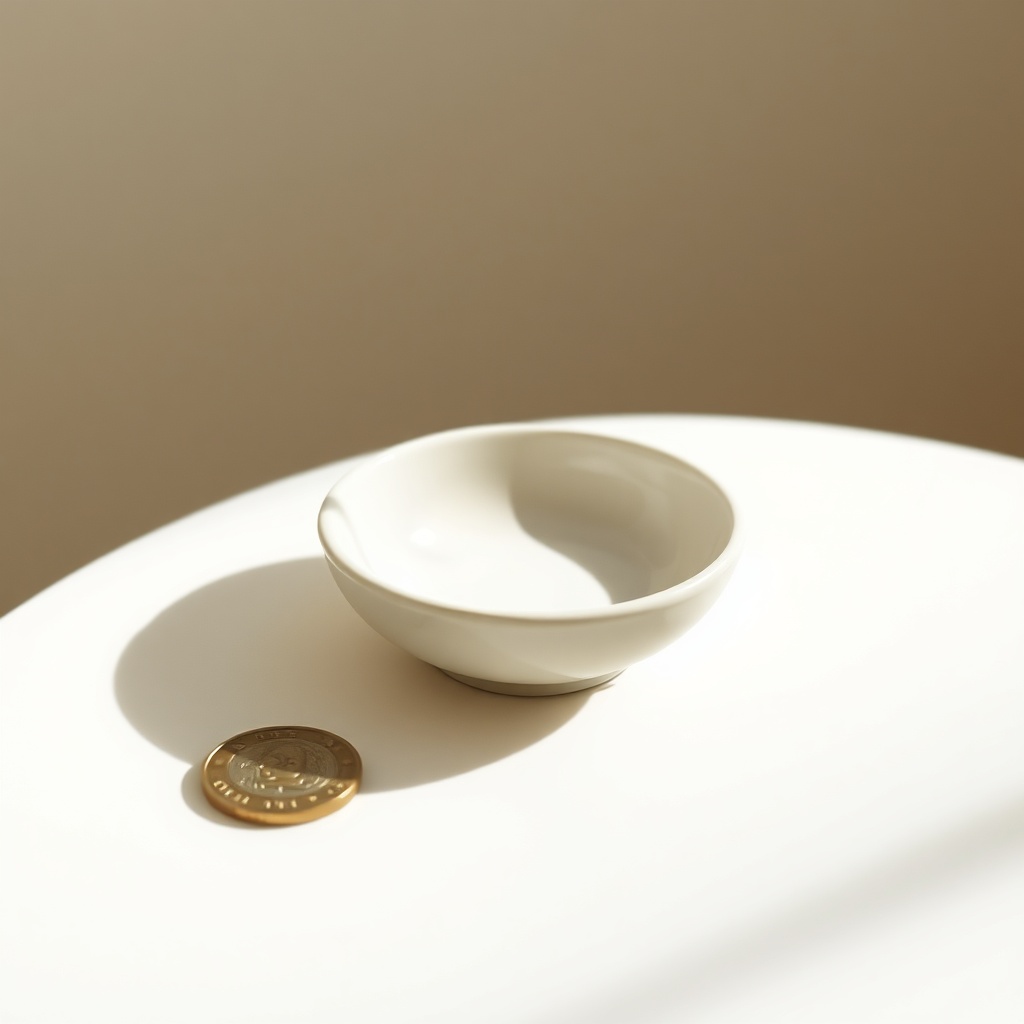 An empty white dish with a single coin beside it
