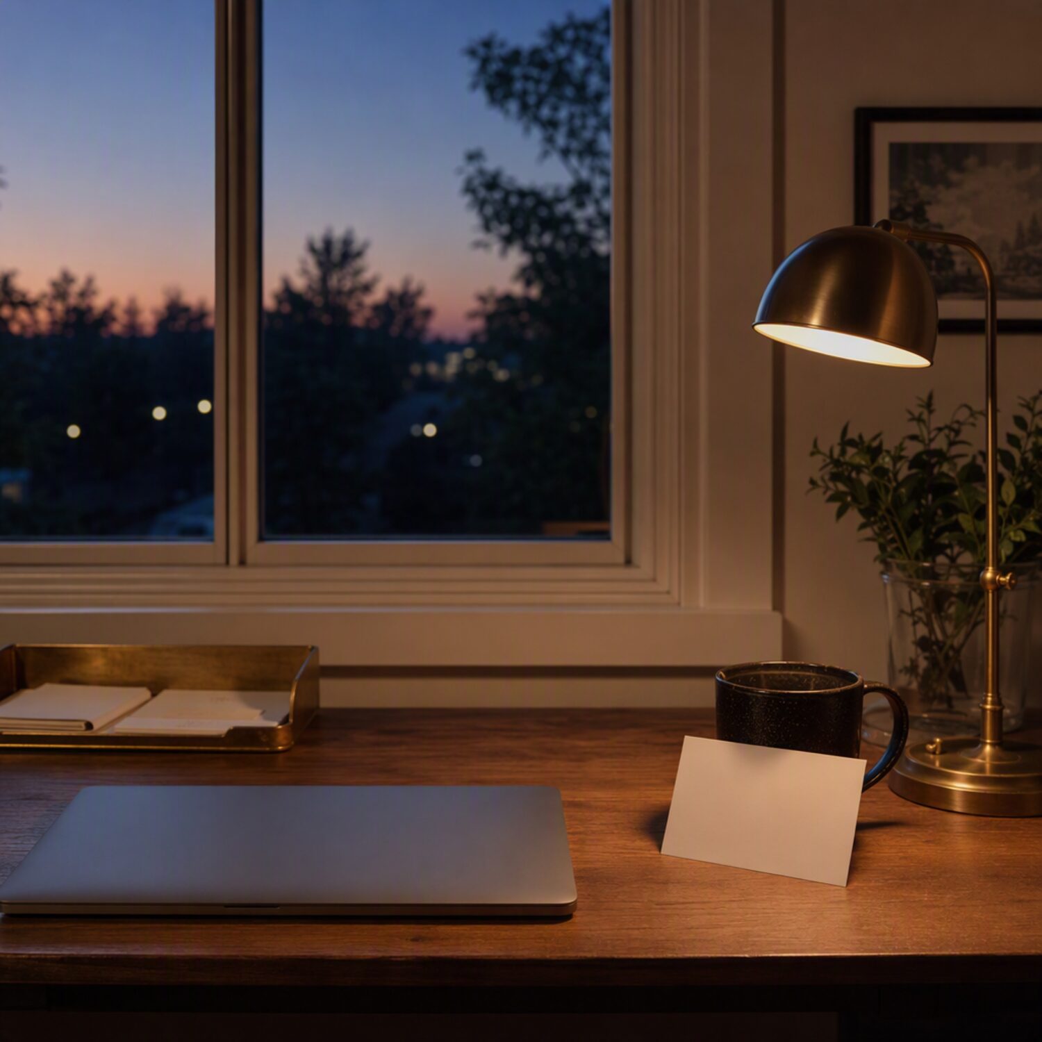 A quiet desk with a laptop and a card leaning on a mug
