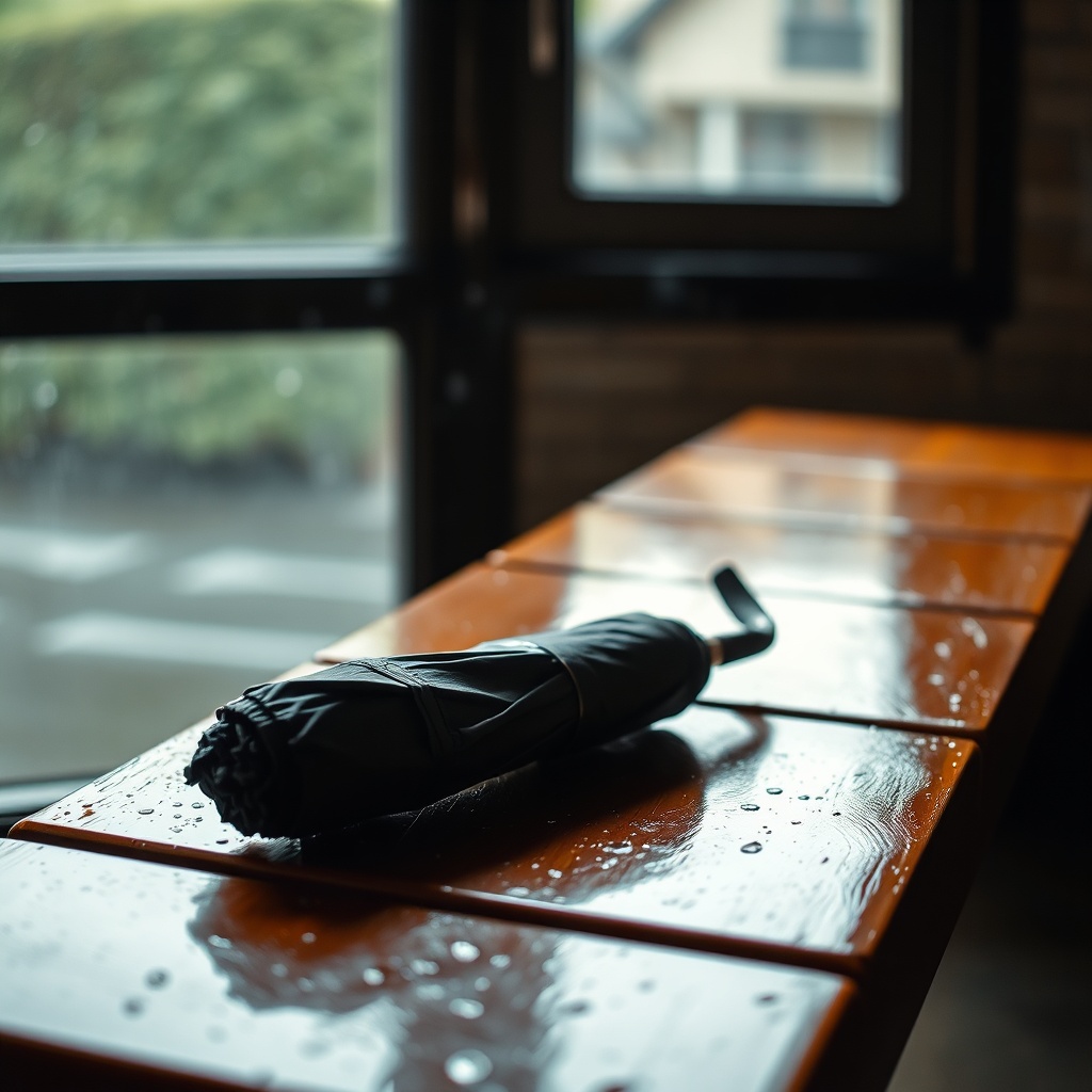 A folded umbrella on a wooden bench in soft rain-light
