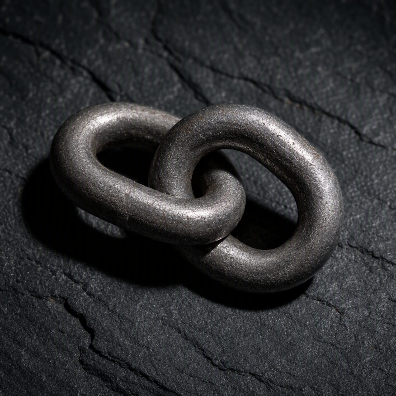 Two steel chain links on dark slate