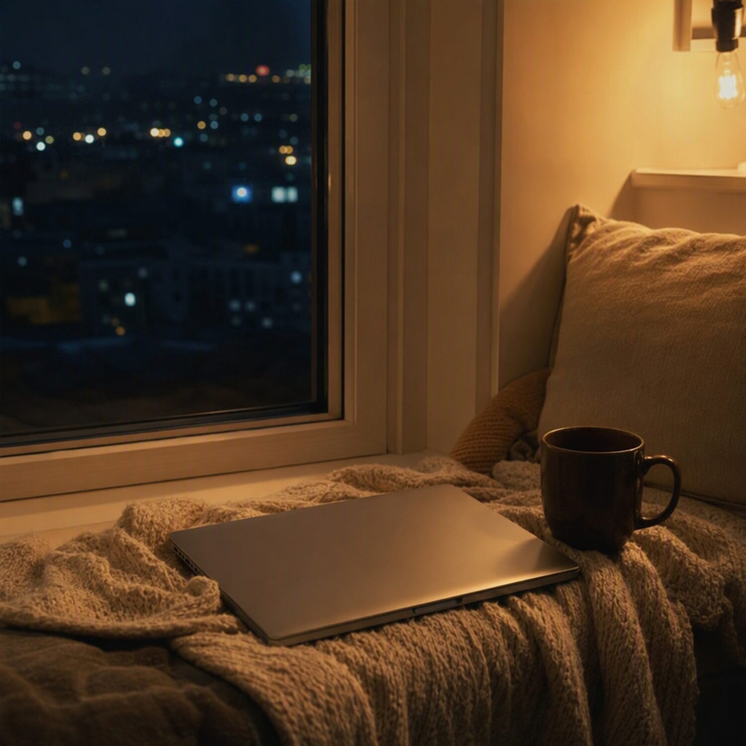 A closed laptop and mug on a window seat at night