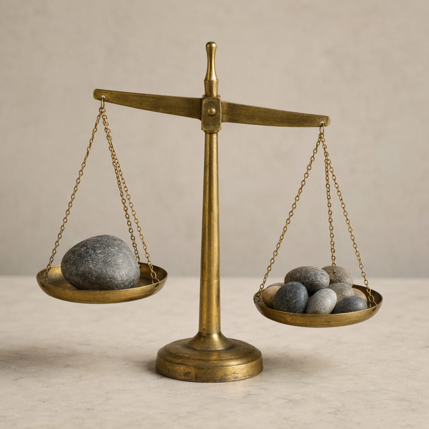 A brass balance scale holding stones