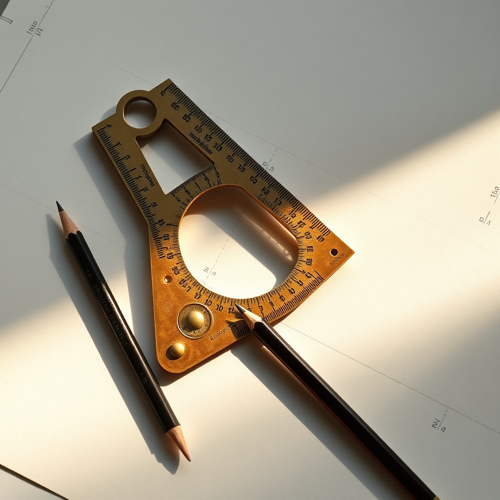 A brass protractor and pencil on graph paper