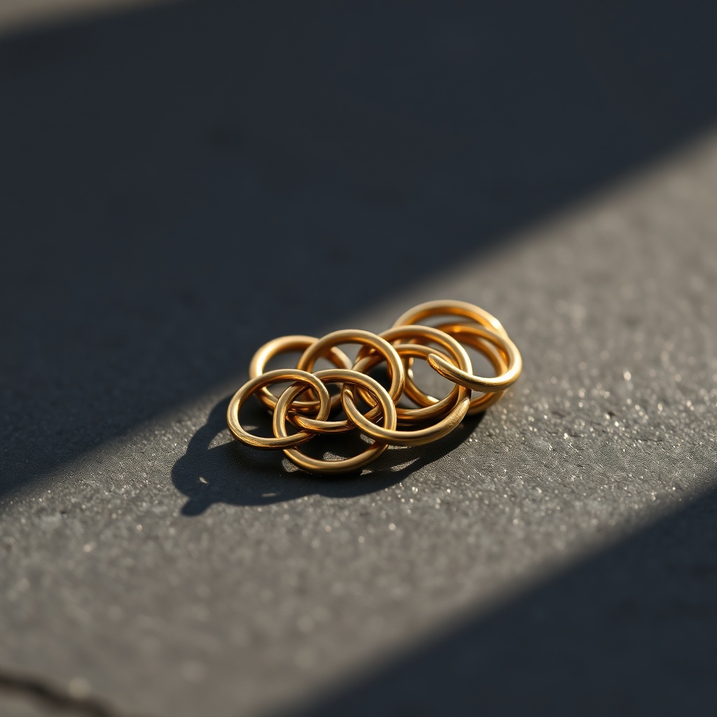 Interlinked brass rings on a dark slate surface