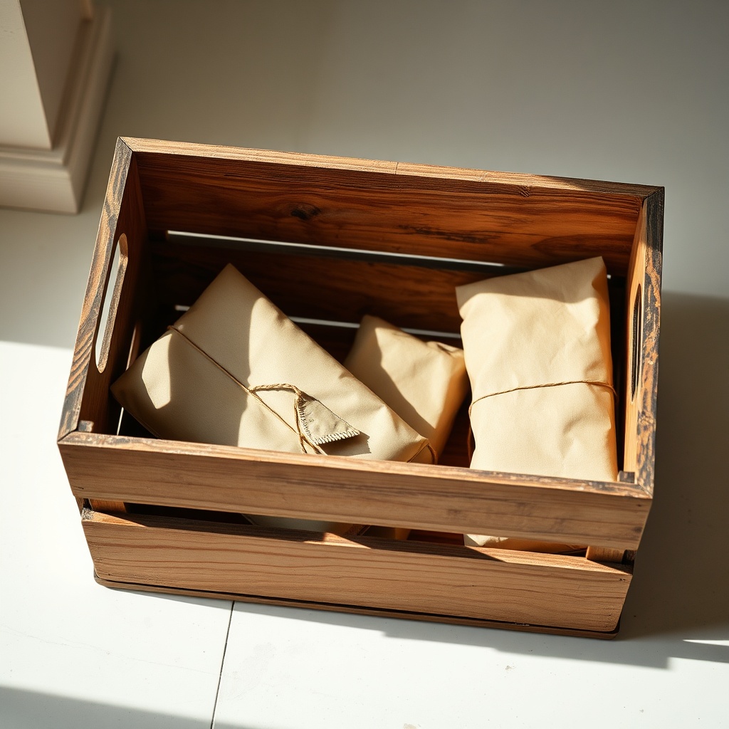 A wooden crate holding three paper-wrapped parcels