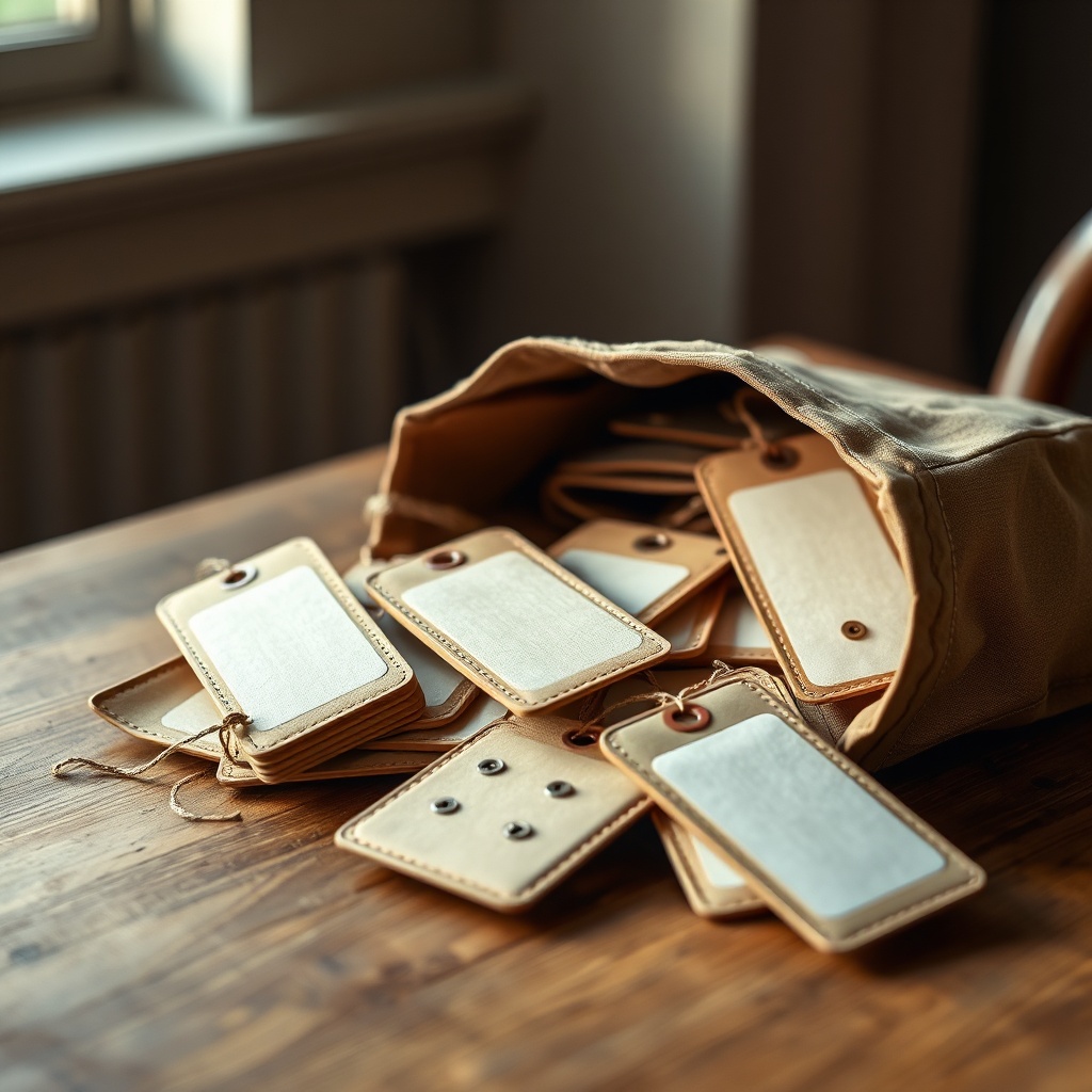 Blank kraft luggage tags spilling from a bag