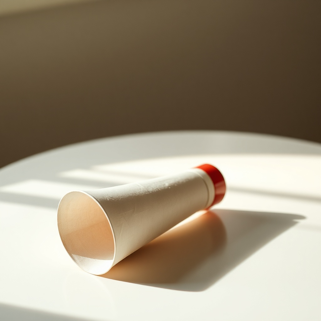 A paper megaphone cone lying on a pale table