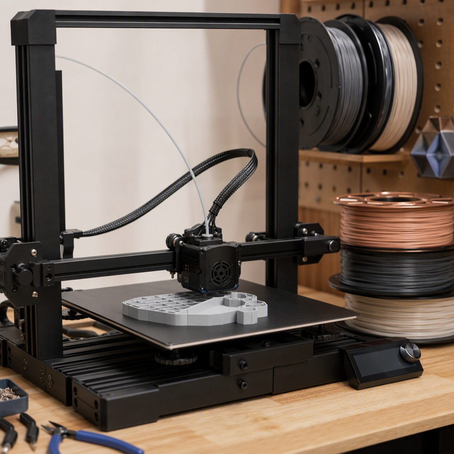 A 3D printer beside spools of filament