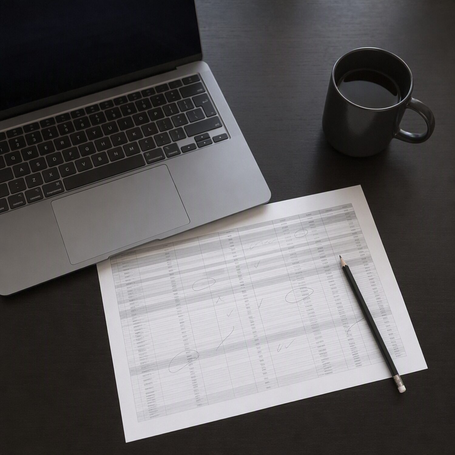 A laptop and marked-up spreadsheet on a dark desk