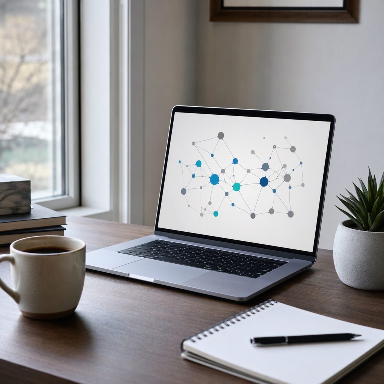 A laptop showing an abstract node diagram