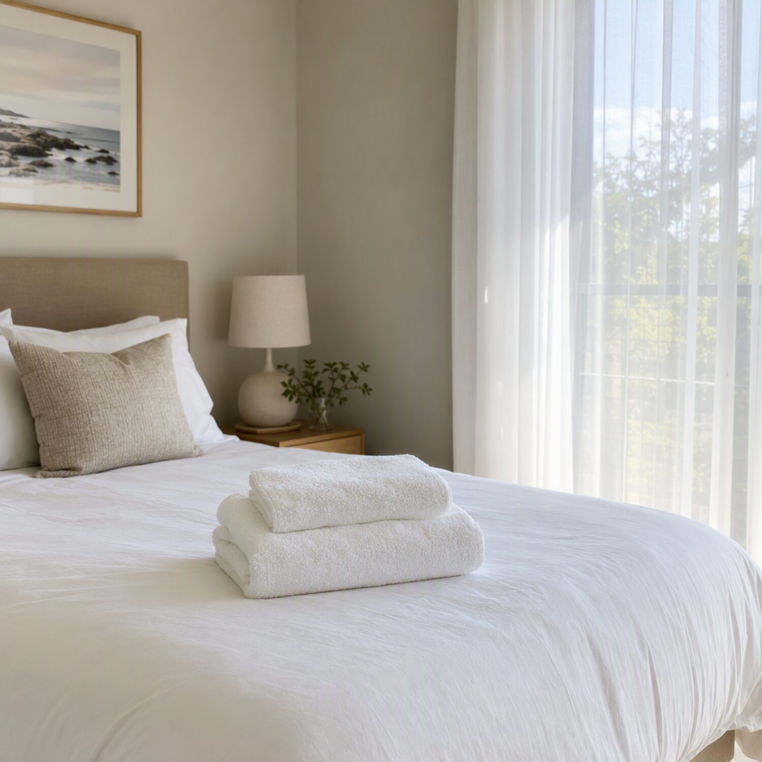 A tidy guest bedroom with folded towels
