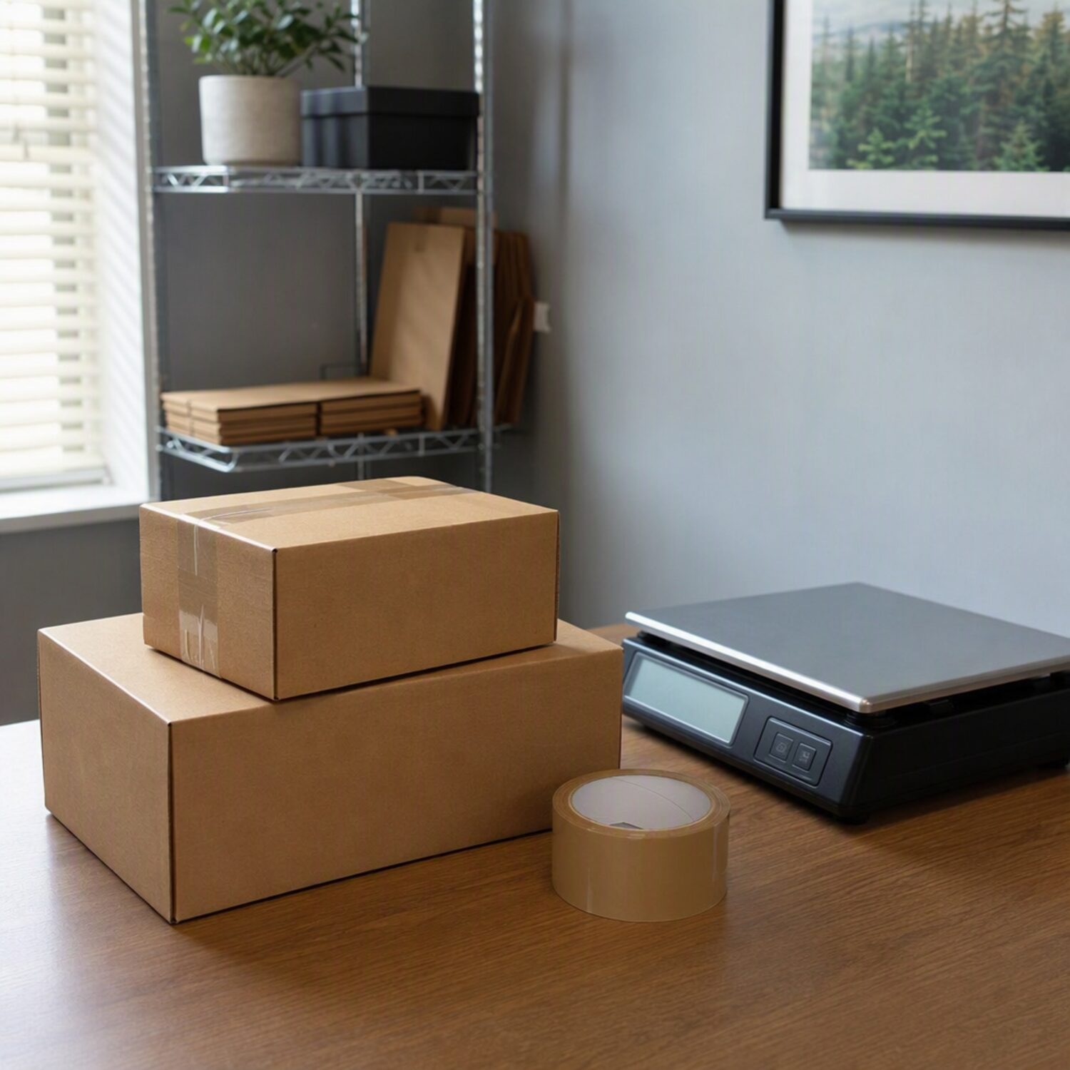 A shipping scale and parcels in a home office