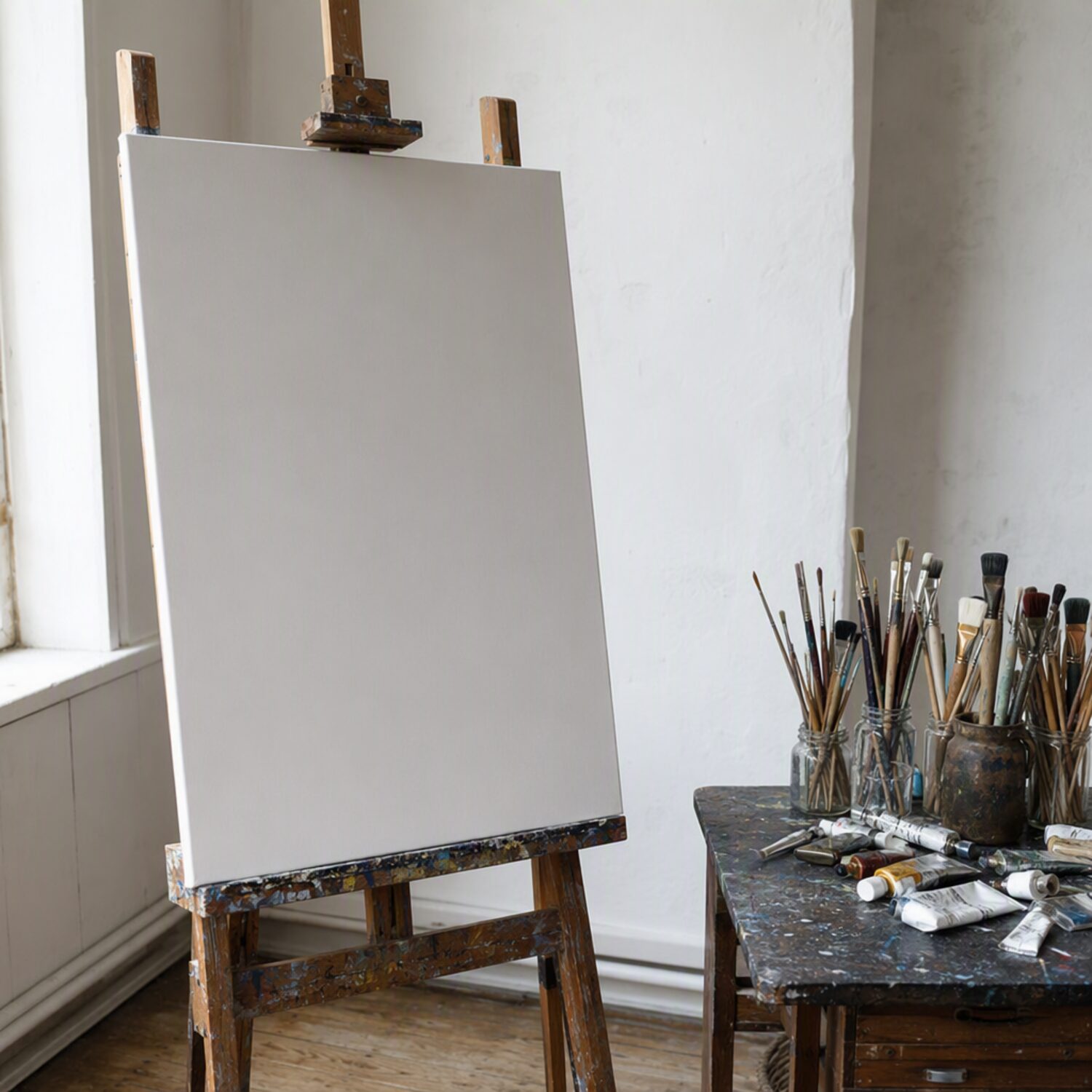 An easel with a blank canvas beside brushes