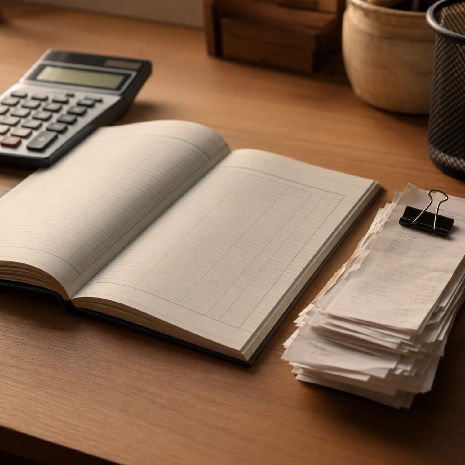 An open ledger, calculator and clipped receipts