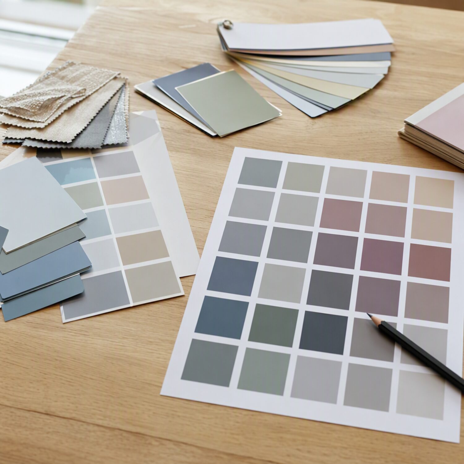 Colour swatches and a pencil on a studio table