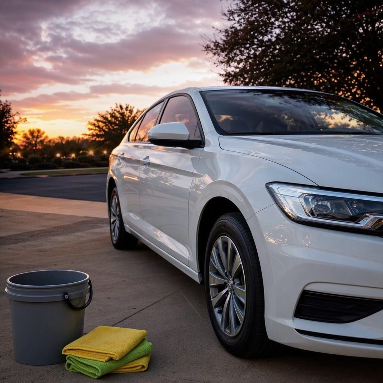 A clean car on a driveway with cleaning supplies