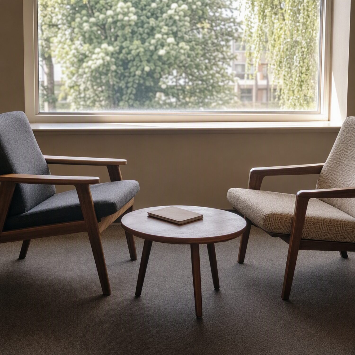 Two chairs and a notebook set for a coaching session
