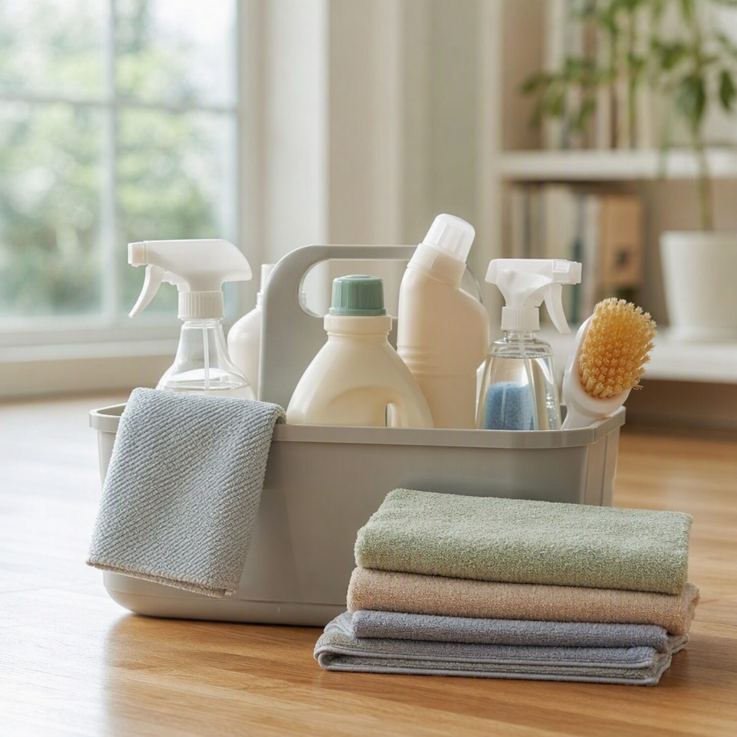 A cleaning caddy on a wooden floor