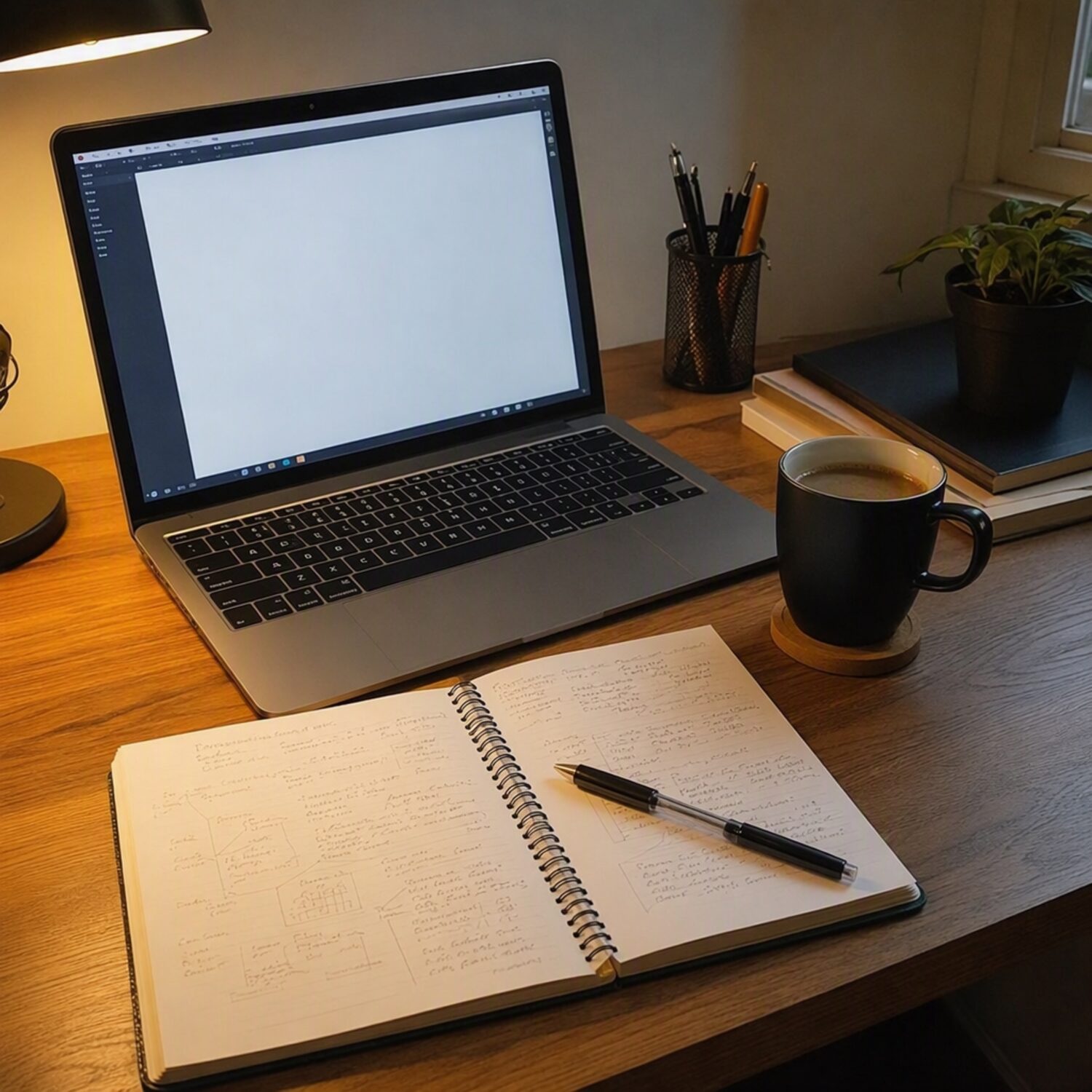 A laptop and handwritten notes on a study desk