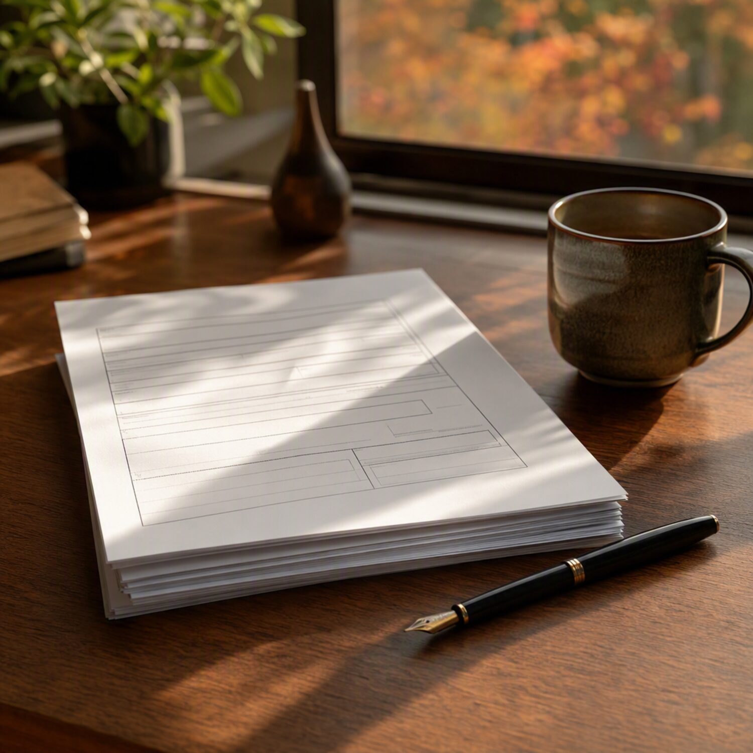 Blank forms and a pen on a desk in autumn light