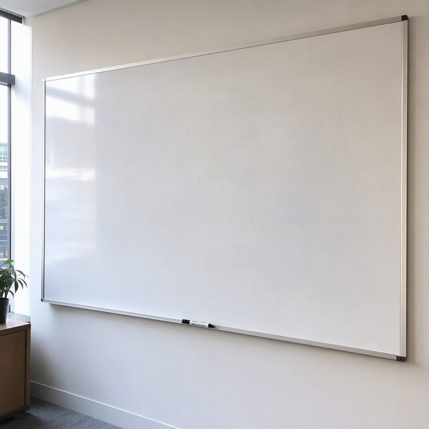 A nearly wiped whiteboard with a marker on the ledge