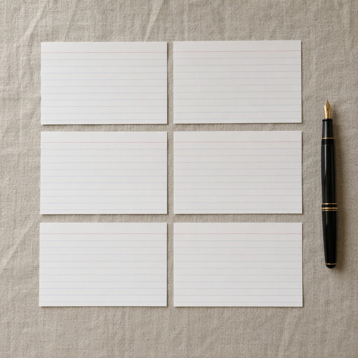 Index cards laid out in a grid with a pen