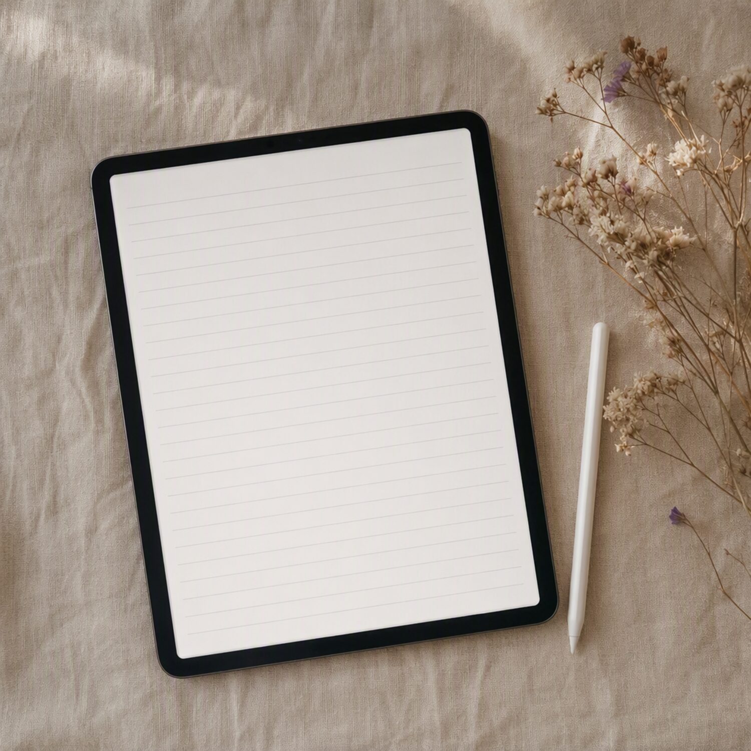 A tablet showing a blank ruled page on linen