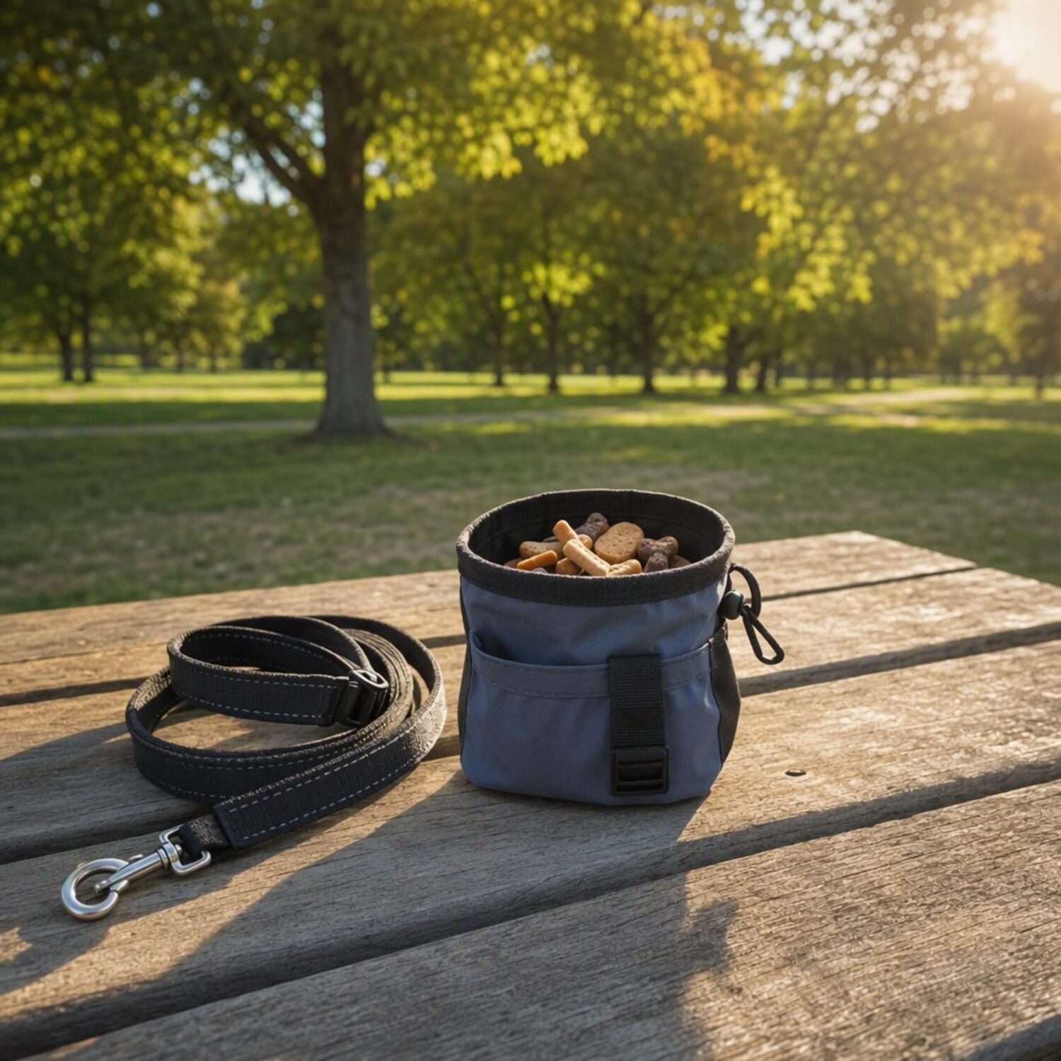 A coiled lead and treat pouch on a park bench