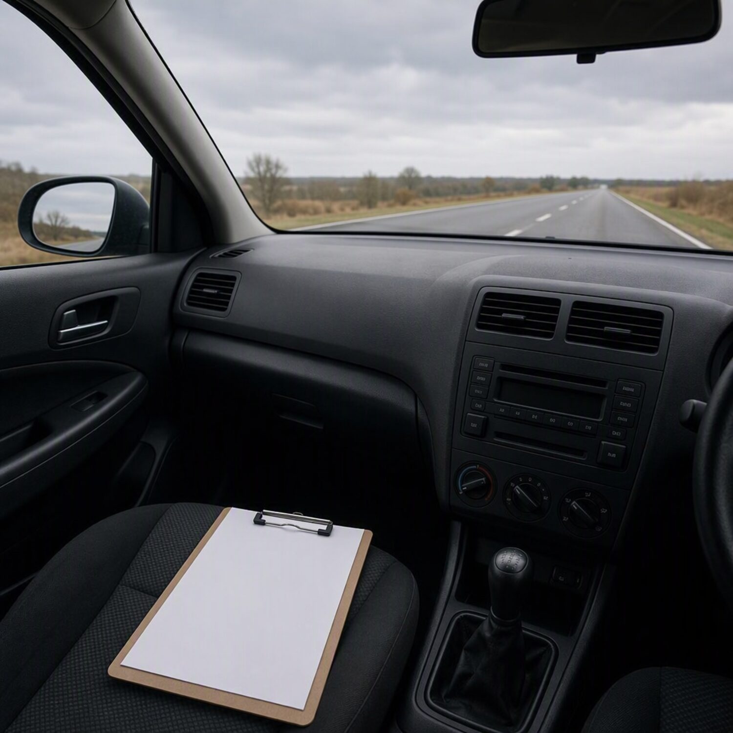 A car interior with a clipboard on the passenger seat