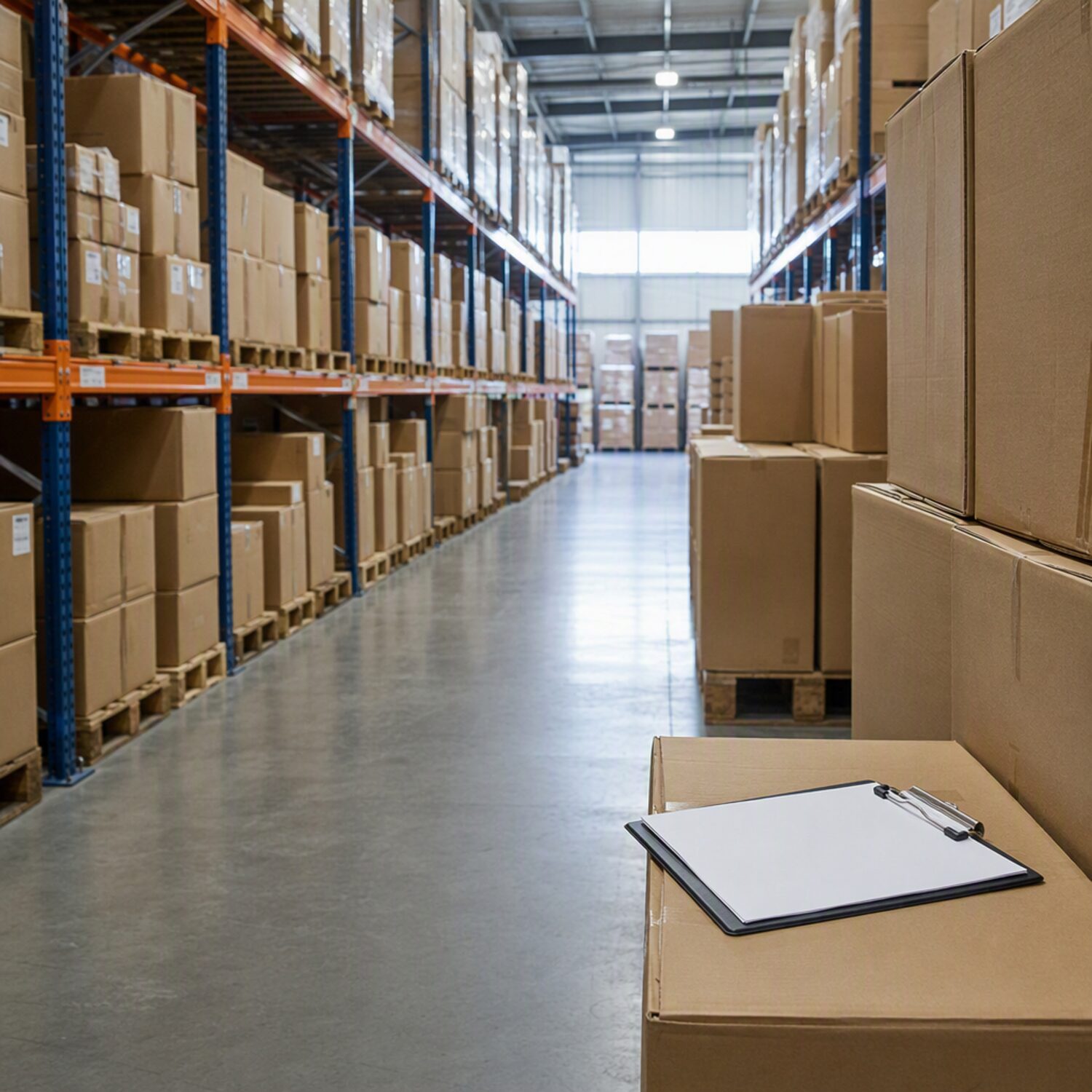 Stacked cardboard boxes in a warehouse aisle