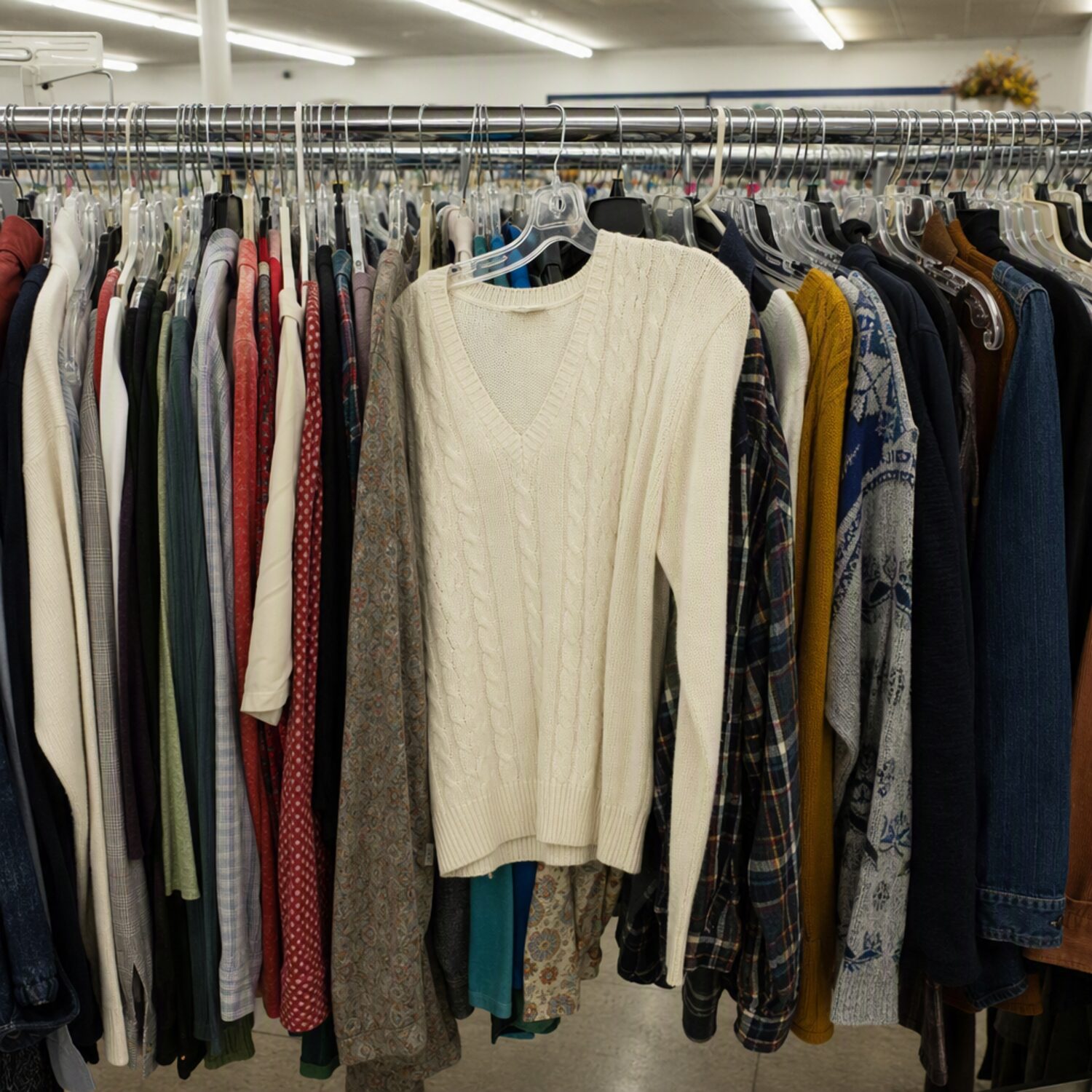 A packed thrift store clothing rail