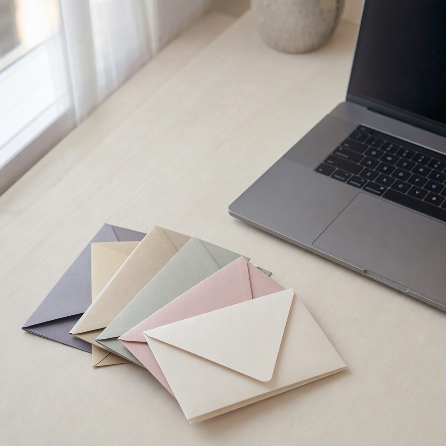 Folded envelopes fanned beside a laptop