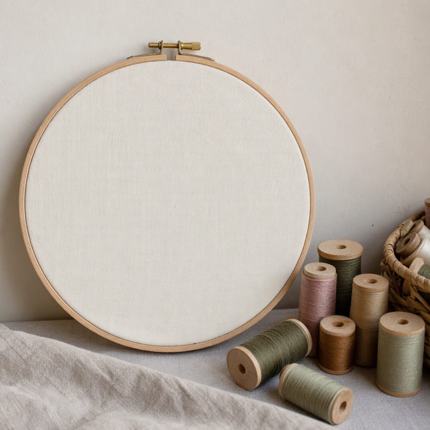 An embroidery hoop beside thread spools