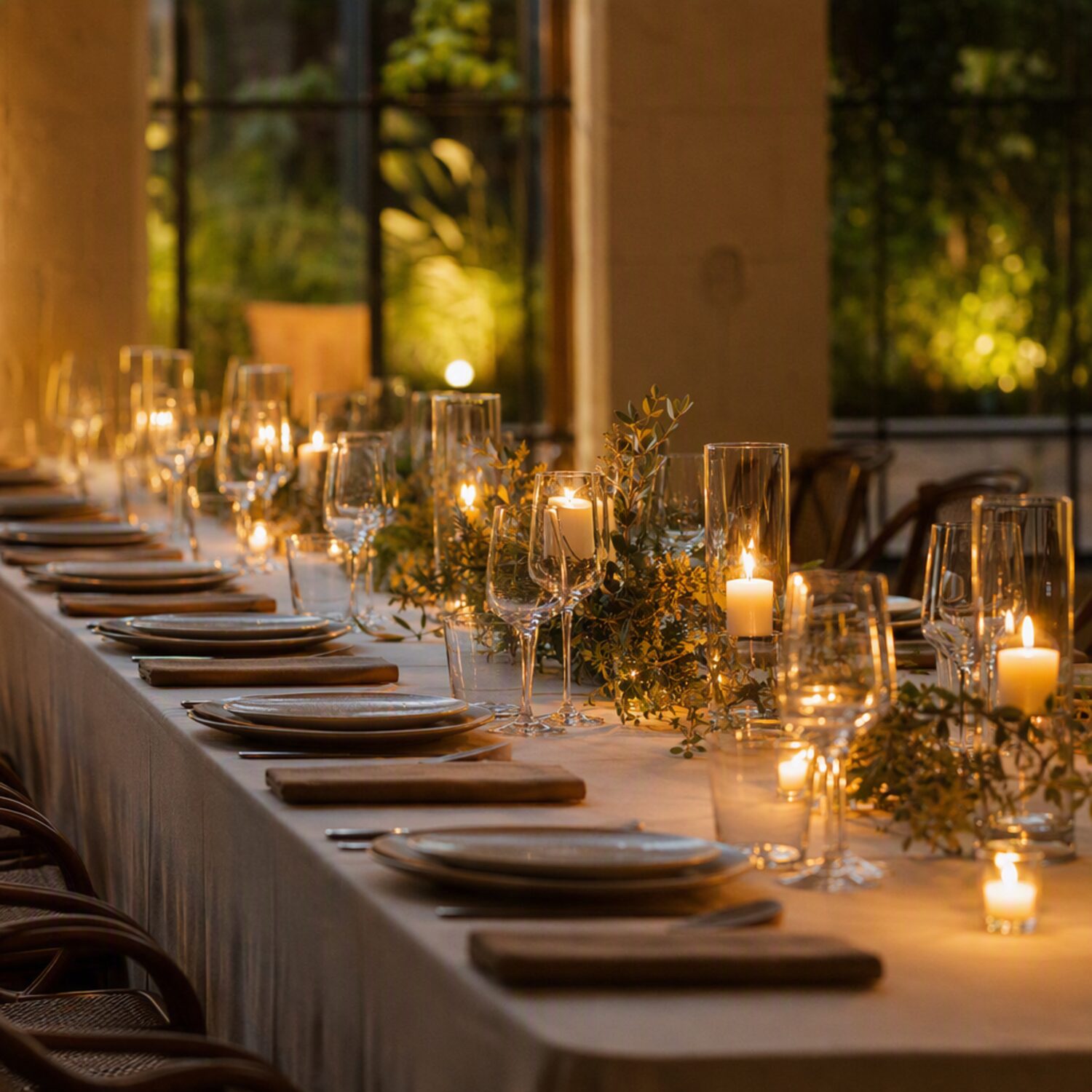A laid table with glassware before an event