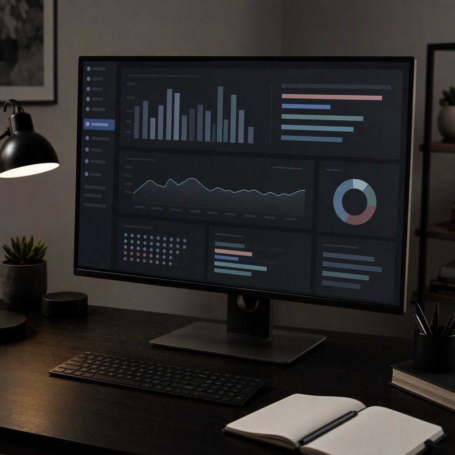 A monitor showing an abstract dashboard in a dark office