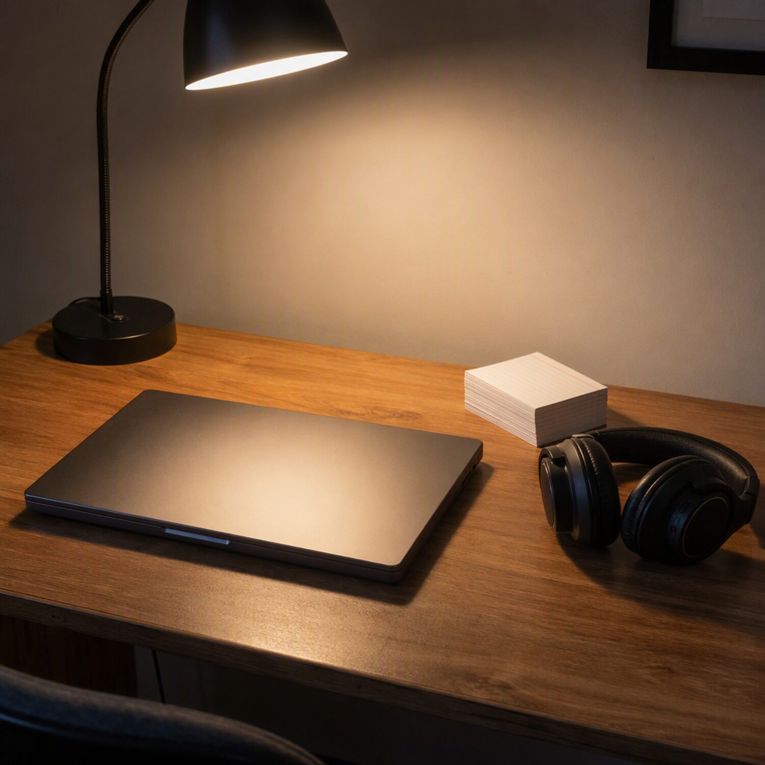 Index cards and headphones under a desk lamp