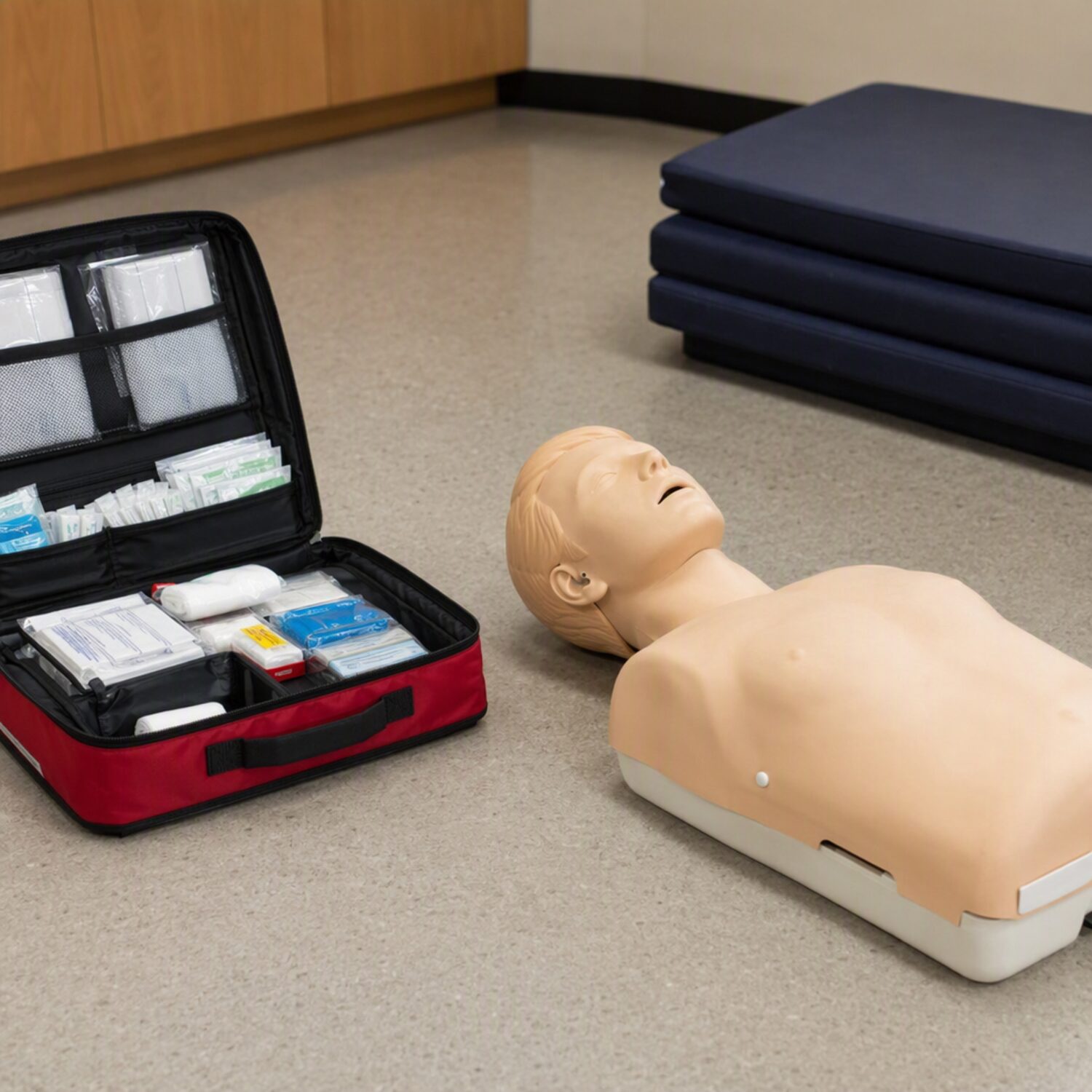 A first aid training setup with a practice manikin