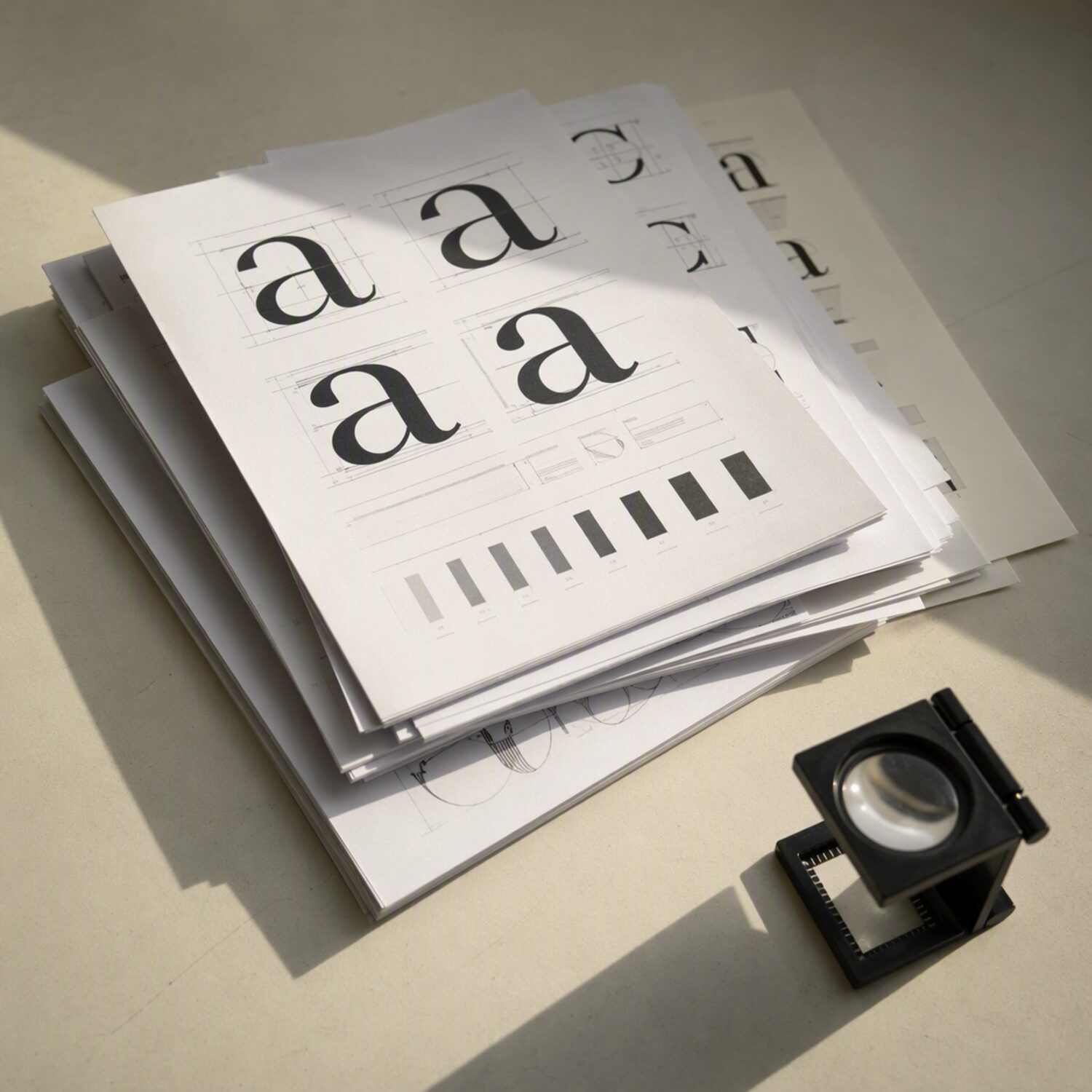 Printed specimen sheets beside a loupe