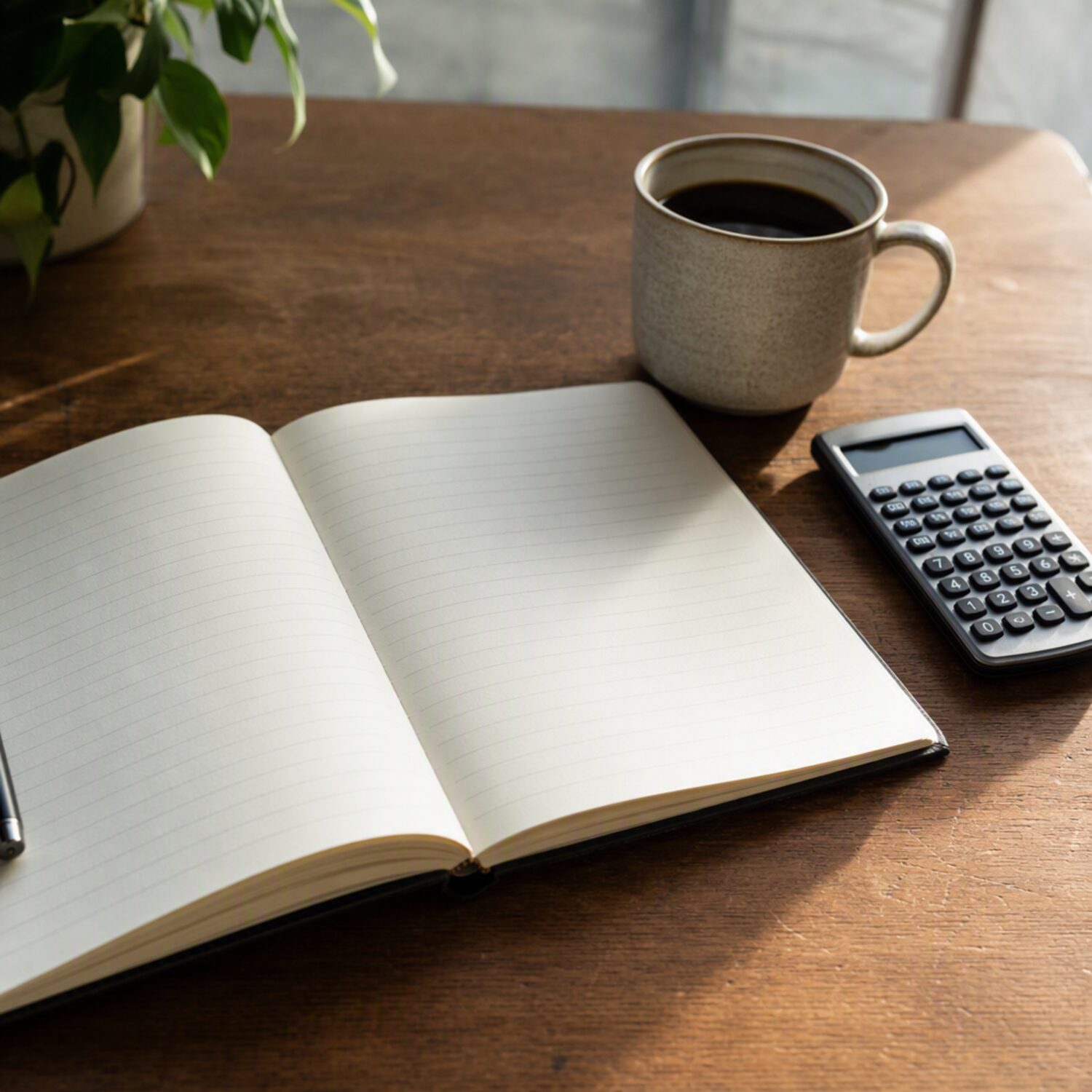 An open notebook, coffee and calculator