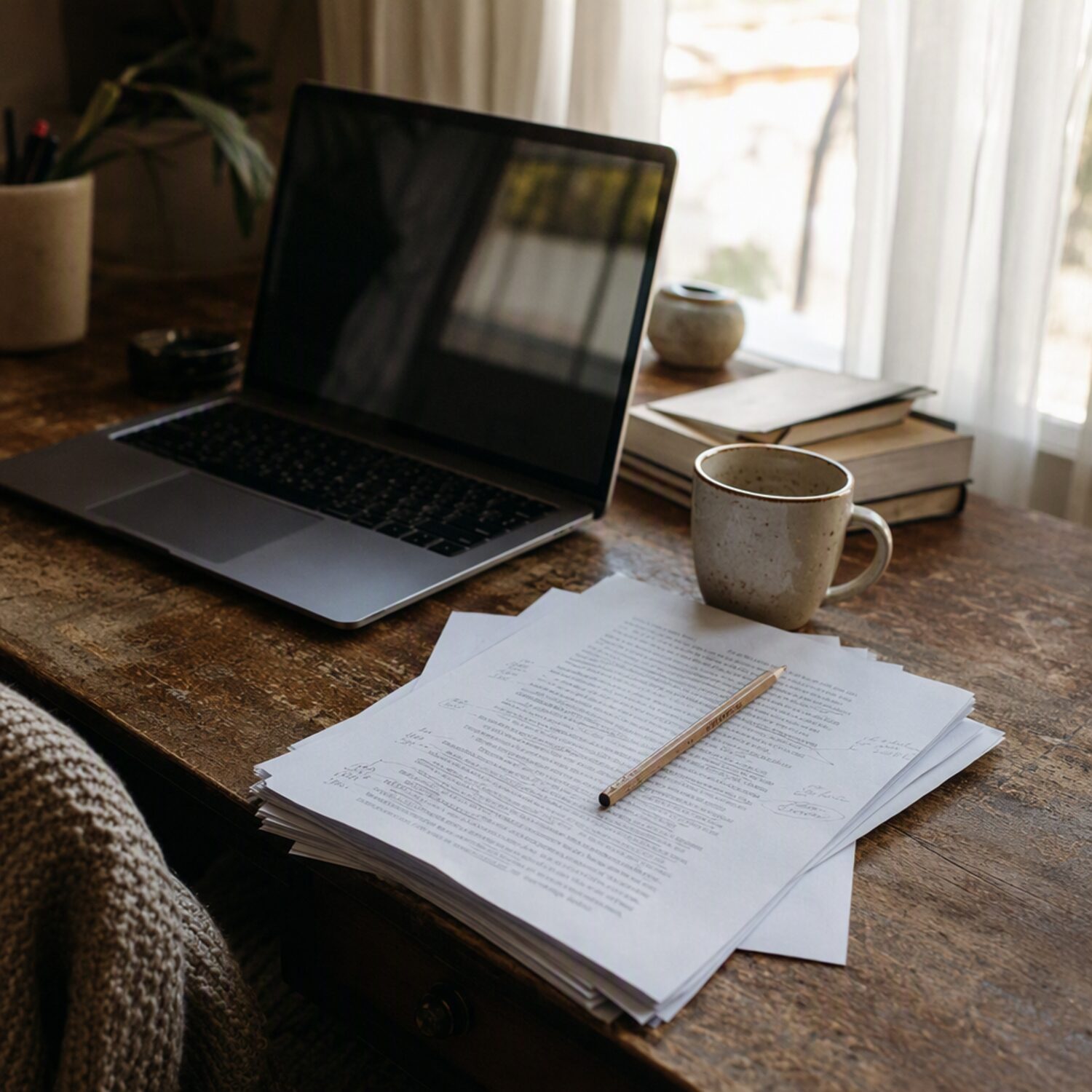 A writing desk with drafts and a laptop